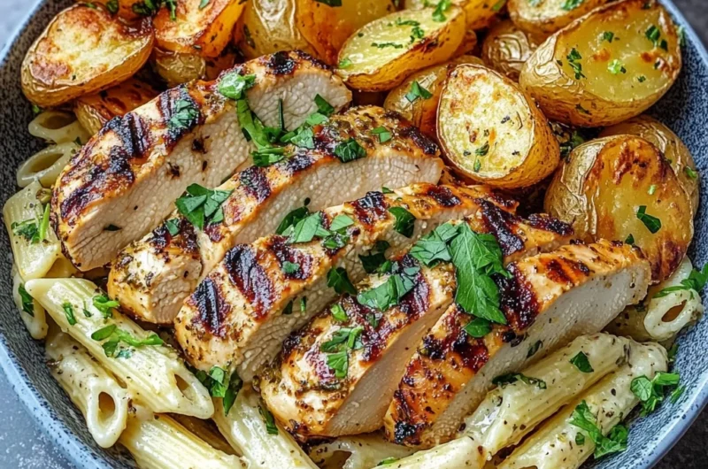 Grilled Chicken Bowl with Garlic Herb Pasta & Crispy Roasted Potatoes