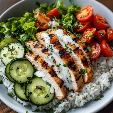 Grilled Chicken with Rice, Salad, and Creamy Yogurt Sauce