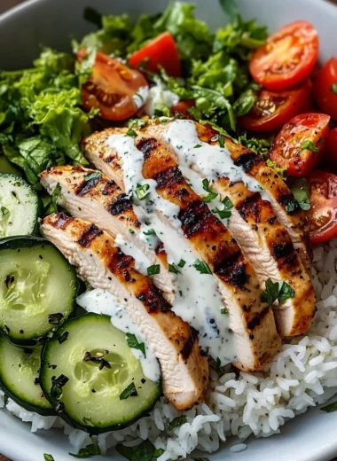 Grilled Chicken with Rice, Salad, and Creamy Yogurt Sauce