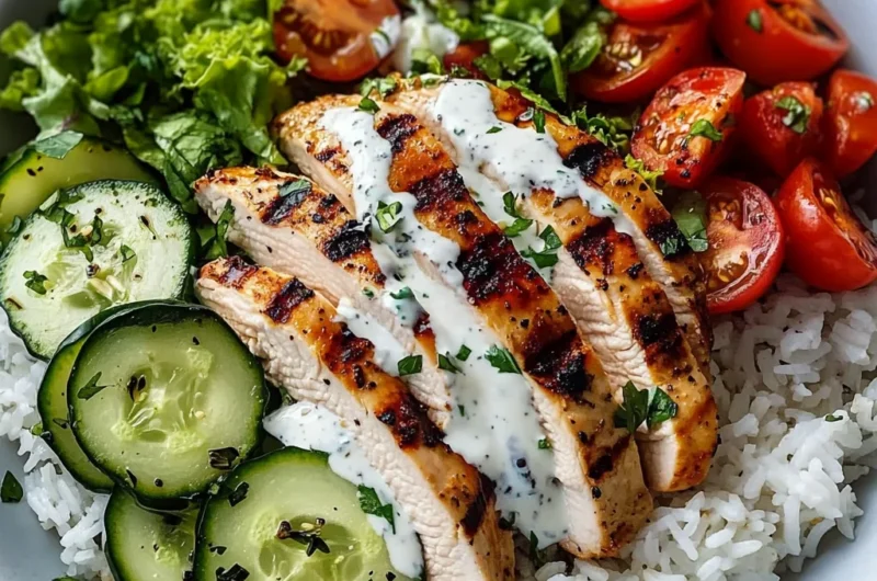 Grilled Chicken with Rice, Salad, and Creamy Yogurt Sauce