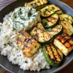 Grilled Halloumi Plate with Zucchini, Rice & Fresh Tzatziki