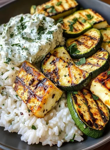 Grilled Halloumi Plate with Zucchini, Rice & Fresh Tzatziki