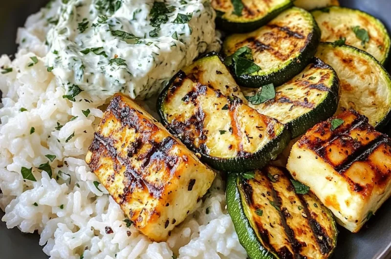 Grilled Halloumi Plate with Zucchini, Rice & Fresh Tzatziki