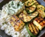 Grilled Halloumi Plate with Zucchini, Rice & Fresh Tzatziki