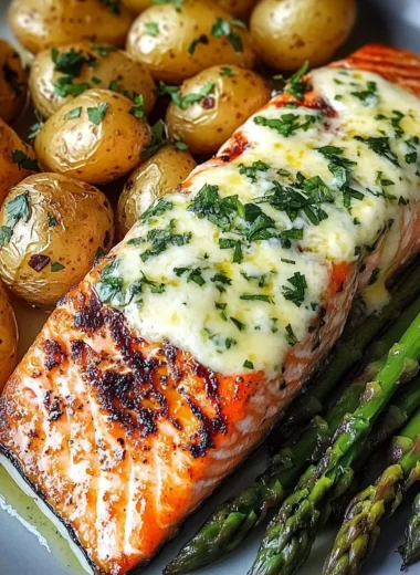 Grilled Salmon with Cheesy Asparagus & Herb Potatoes Clean & Comforting