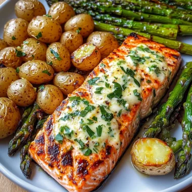 Grilled Salmon with Garlic Butter Baby Potatoes & Cheesy Asparagus