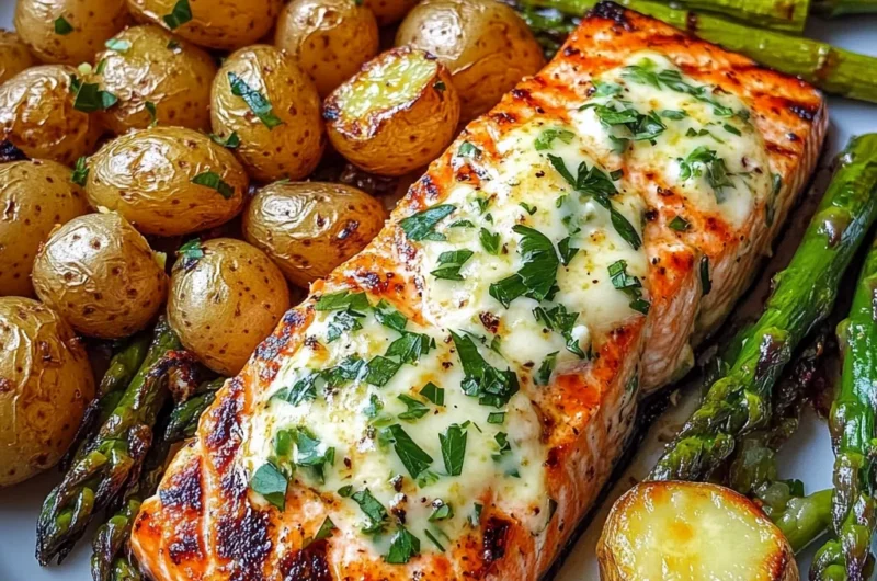 Grilled Salmon with Garlic Butter Baby Potatoes & Cheesy Asparagus