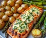 Grilled Salmon with Garlic Butter Baby Potatoes & Cheesy Asparagus