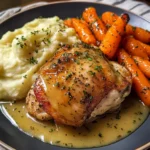 Herb-Roasted Chicken Thighs with Creamy Garlic Sauce, Mashed Potatoes & Glazed Carrots