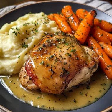 Herb-Roasted Chicken Thighs with Creamy Garlic Sauce, Mashed Potatoes & Glazed Carrots