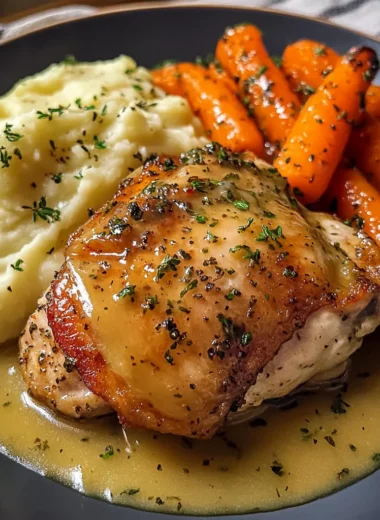 Herb-Roasted Chicken Thighs with Creamy Garlic Sauce, Mashed Potatoes & Glazed Carrots