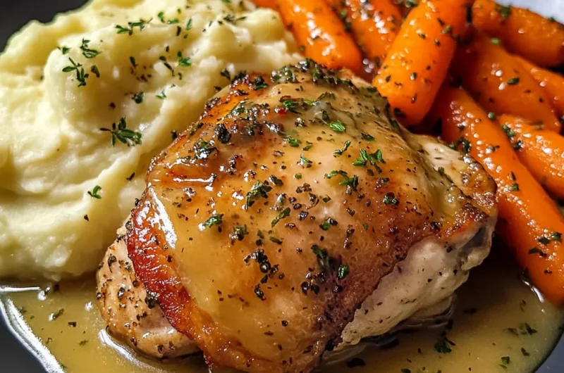 Herb-Roasted Chicken Thighs with Creamy Garlic Sauce, Mashed Potatoes & Glazed Carrots
