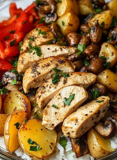 Herbed Chicken & Mushroom Meal Prep Bowl with Roasted Potatoes & Rice