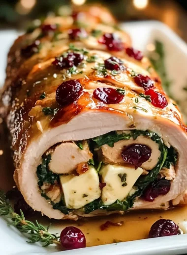 Holiday-Style Turkey Roulade Stuffed with Brie, Cranberries, Spinach & Fresh Herbs