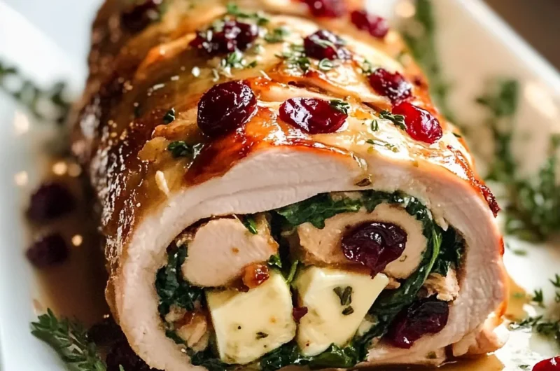 Holiday-Style Turkey Roulade Stuffed with Brie, Cranberries, Spinach & Fresh Herbs