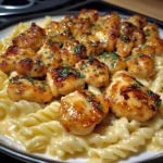 Honey Butter Garlic Chicken Bites with Cheesy Alfredo Twisted Pasta