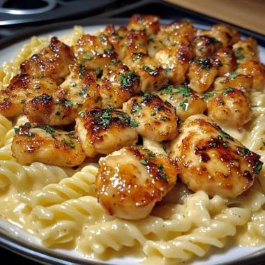 Honey Butter Garlic Chicken Bites with Cheesy Alfredo Twisted Pasta