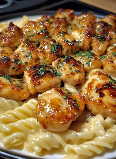 Honey Butter Garlic Chicken Bites with Cheesy Alfredo Twisted Pasta