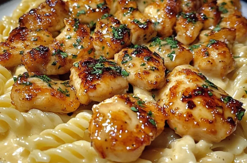 Honey Butter Garlic Chicken Bites with Cheesy Alfredo Twisted Pasta