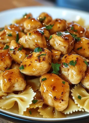 Honey Garlic Chicken Bites with Creamy Bowtie Pasta