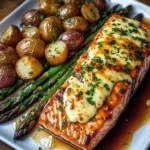 Honey Garlic Glazed Salmon with Cheesy Baked Asparagus & Roasted Baby Potatoes