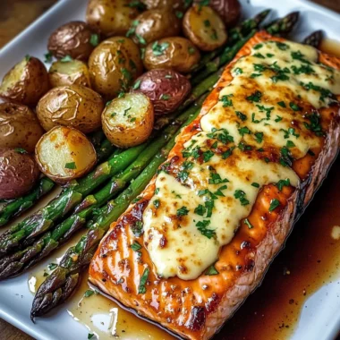 Honey Garlic Glazed Salmon with Cheesy Baked Asparagus & Roasted Baby Potatoes
