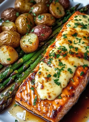 Honey Garlic Glazed Salmon with Cheesy Baked Asparagus & Roasted Baby Potatoes