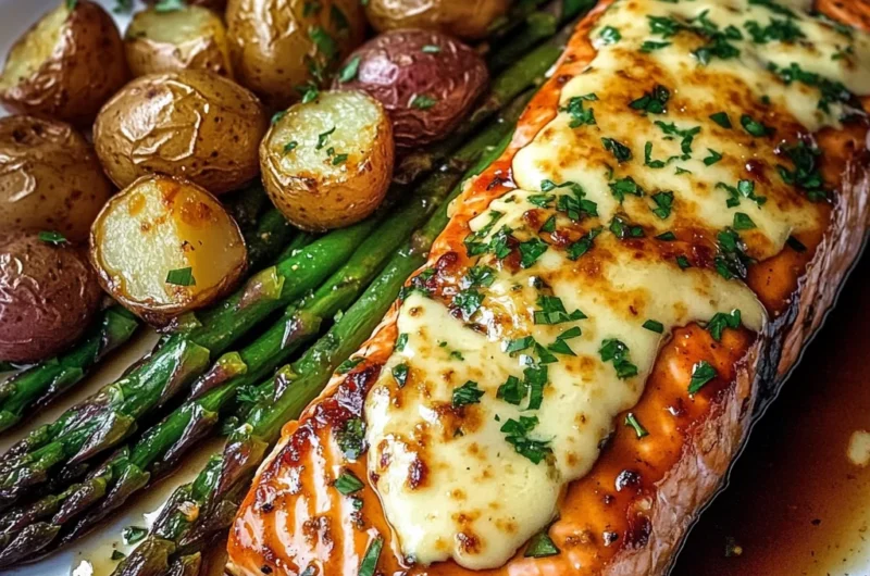 Honey Garlic Glazed Salmon with Cheesy Baked Asparagus & Roasted Baby Potatoes