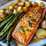 Honey Garlic Glazed Salmon with Roasted Potatoes & Cheesy Asparagus
