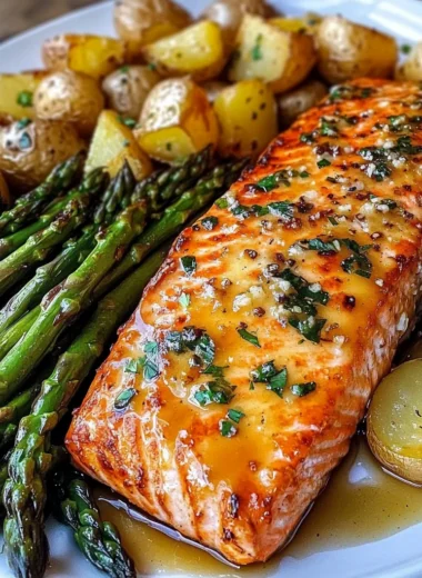 Honey Garlic Glazed Salmon with Roasted Potatoes & Cheesy Asparagus