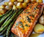 Honey Garlic Glazed Salmon with Roasted Potatoes & Cheesy Asparagus