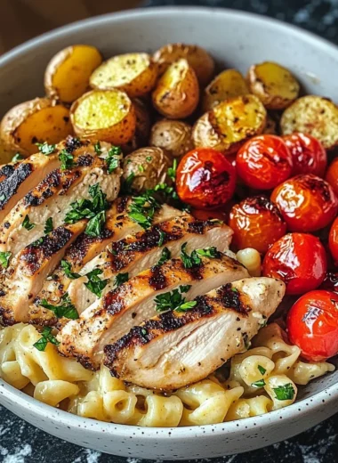 Insanely Tasty Grilled Chicken & Veggie Bowl with Creamy Pasta