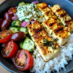 Insanely Tasty Grilled Halloumi Bowl with Tzatziki, Rice & Greek Salad