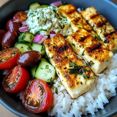 Insanely Tasty Grilled Halloumi Bowl with Tzatziki, Rice & Greek Salad