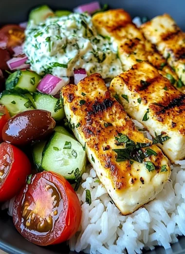 Insanely Tasty Grilled Halloumi Bowl with Tzatziki, Rice & Greek Salad