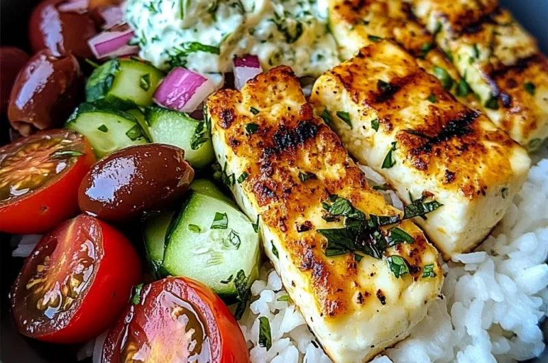 Insanely Tasty Grilled Halloumi Bowl with Tzatziki, Rice & Greek Salad