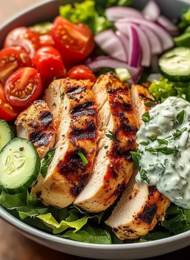 Loaded Grilled Chicken Greek Salad Bowl with Creamy Tzatziki