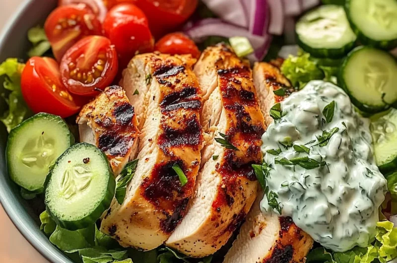 Loaded Grilled Chicken Greek Salad Bowl with Creamy Tzatziki