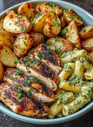 Loaded Herb Grilled Chicken with Creamy Pesto Pasta & Roasted Potatoes