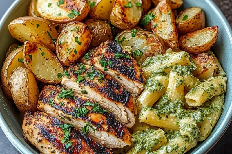 Loaded Herb Grilled Chicken with Creamy Pesto Pasta & Roasted Potatoes