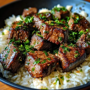 One Skillet Garlic Butter Steak Bites and Rice