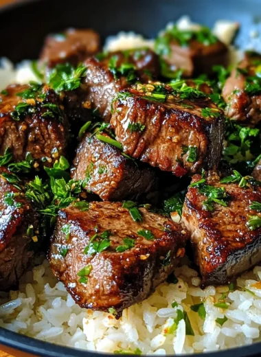 One Skillet Garlic Butter Steak Bites and Rice