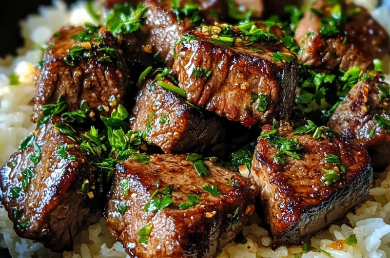 One Skillet Garlic Butter Steak Bites and Rice