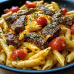 One Skillet Spicy Cajun Cheddar Steak Pasta