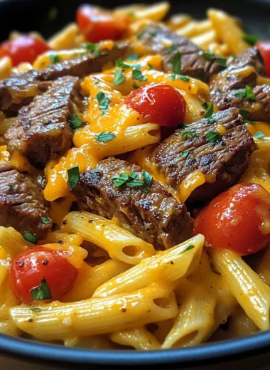 One Skillet Spicy Cajun Cheddar Steak Pasta