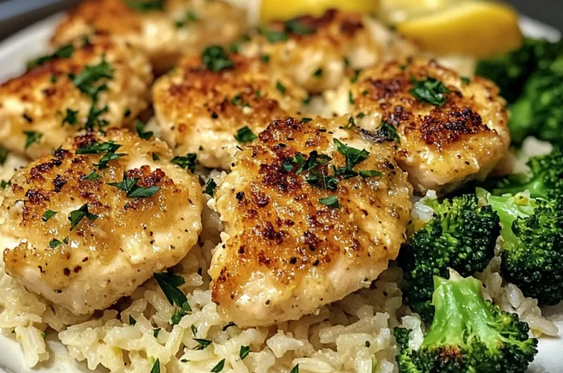Savory Parmesan Chicken Bites with Garlic Rice and Broccoli