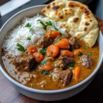Slow-Cooked Coconut Curry Beef Stew with Jasmine Rice & Naan