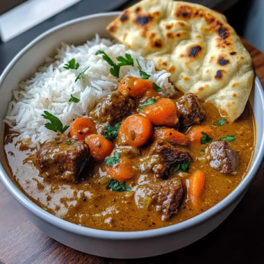 Slow-Cooked Coconut Curry Beef Stew with Jasmine Rice & Naan