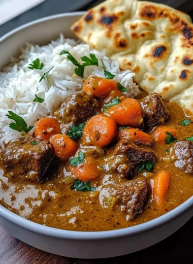 Slow-Cooked Coconut Curry Beef Stew with Jasmine Rice & Naan