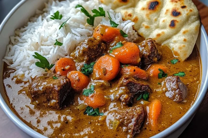 Slow-Cooked Coconut Curry Beef Stew with Jasmine Rice & Naan